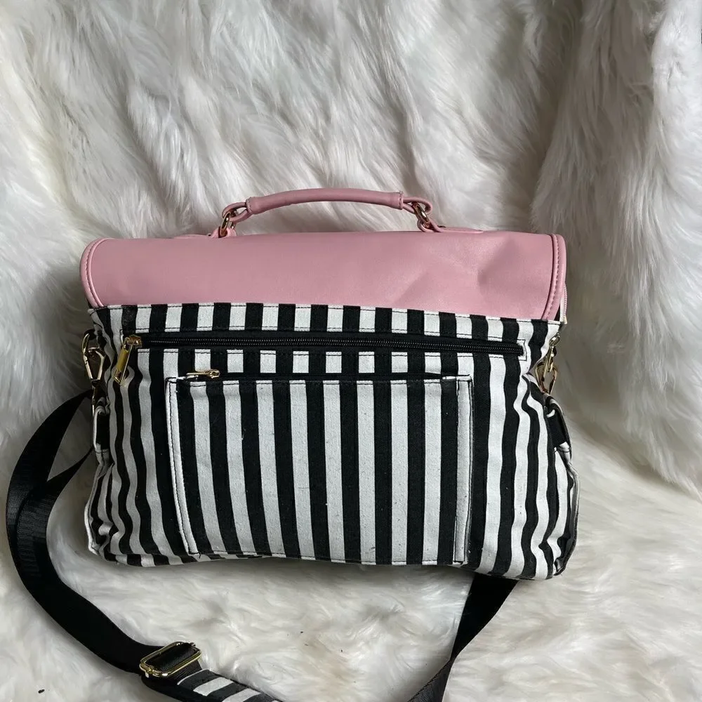 Lovevook laptop  shoulder bag Black & white stripes canvas,pink faux leather